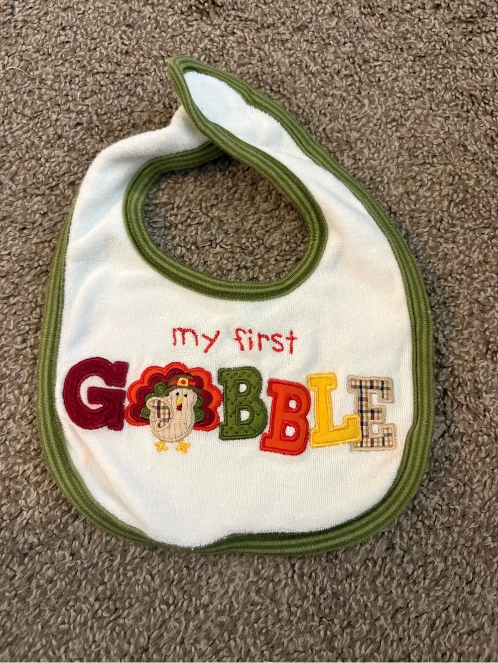 miniwear White Bib with Green Trim and Multicolor 'My First Gobble'